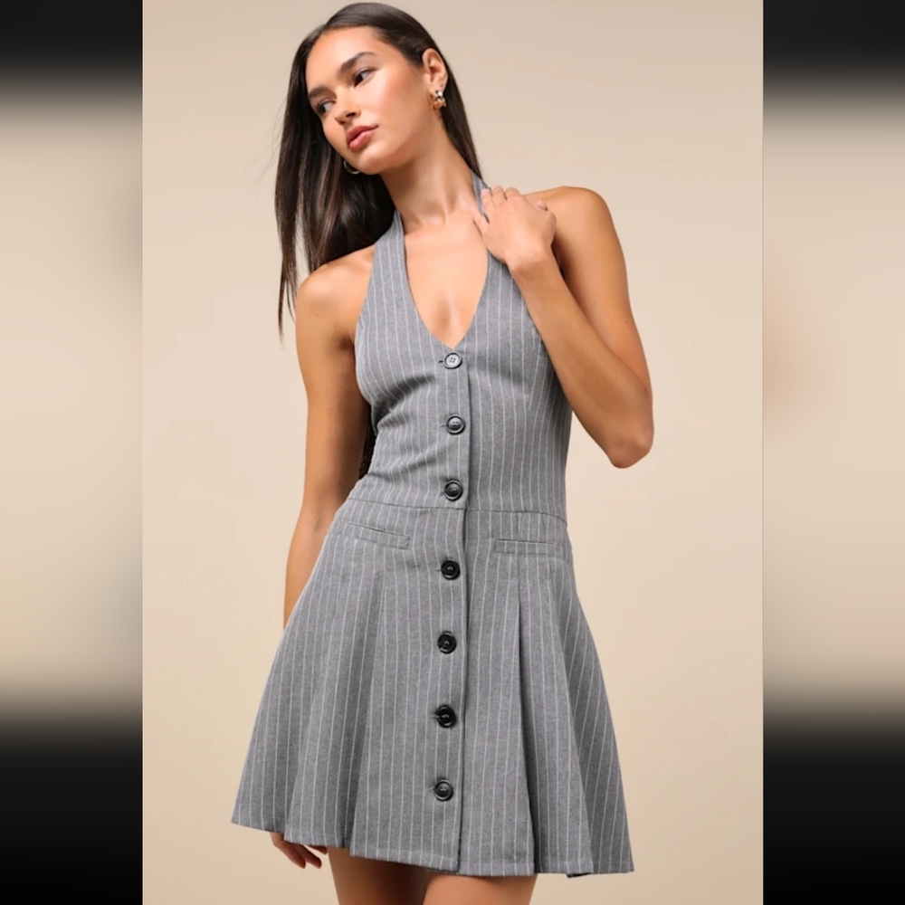 NWT Lulus Posh Attraction Pinstripe Dress | Grey | Size M